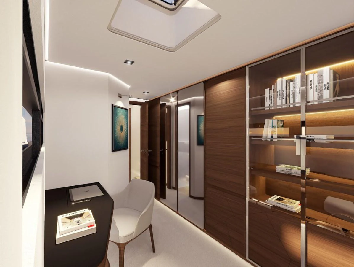 A sophisticated yacht office with modern furnishings and ample storage space. aboard AIR YACHT Yacht for Sale