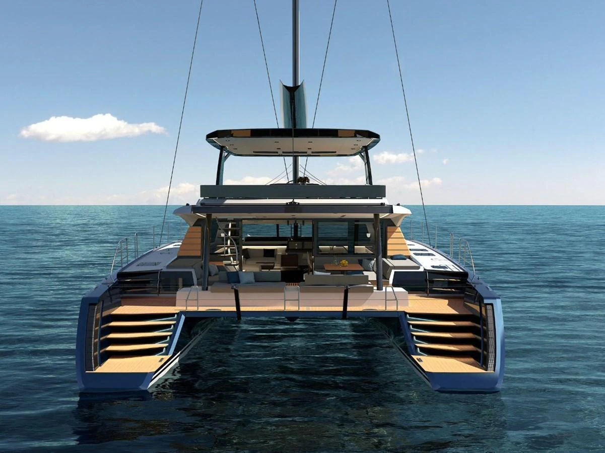 A modern catamaran yacht with a spacious aft deck and sleek design, floating on calm waters. aboard AIR YACHT Yacht for Sale