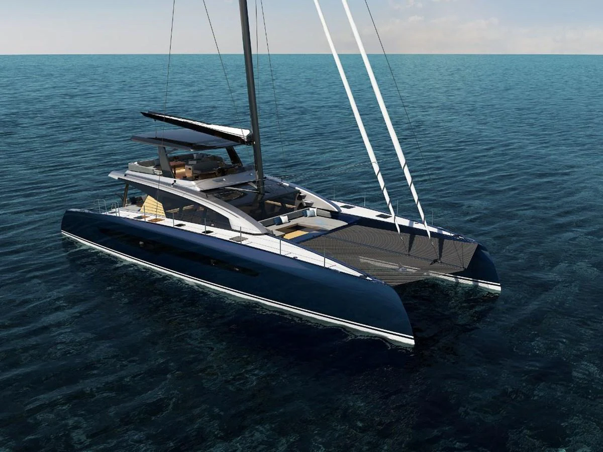 A sleek and modern catamaran glides gracefully on the open sea. aboard AIR YACHT Yacht for Sale