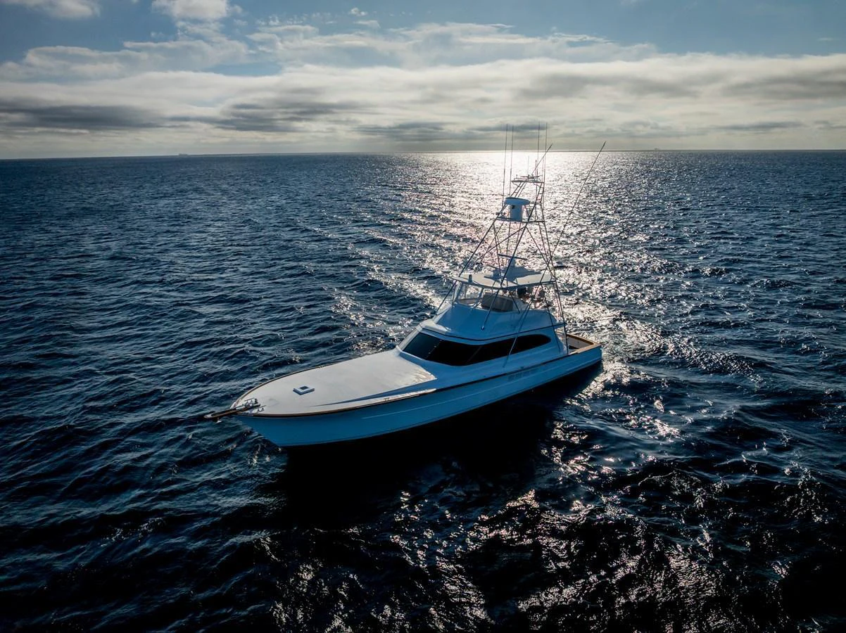 A sleek yacht cruises through open waters under a dramatic sky. aboard NEVER SAY NEVER Yacht for Sale