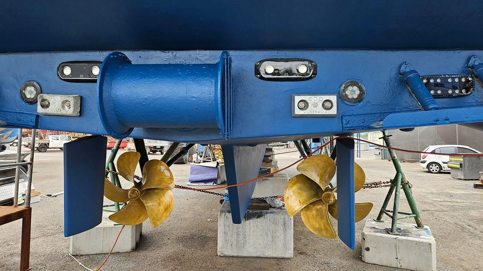 A close-up view of the yacht's propellers and rudders while on dry dock. aboard MEGISTI SPIRIT Yacht for Sale