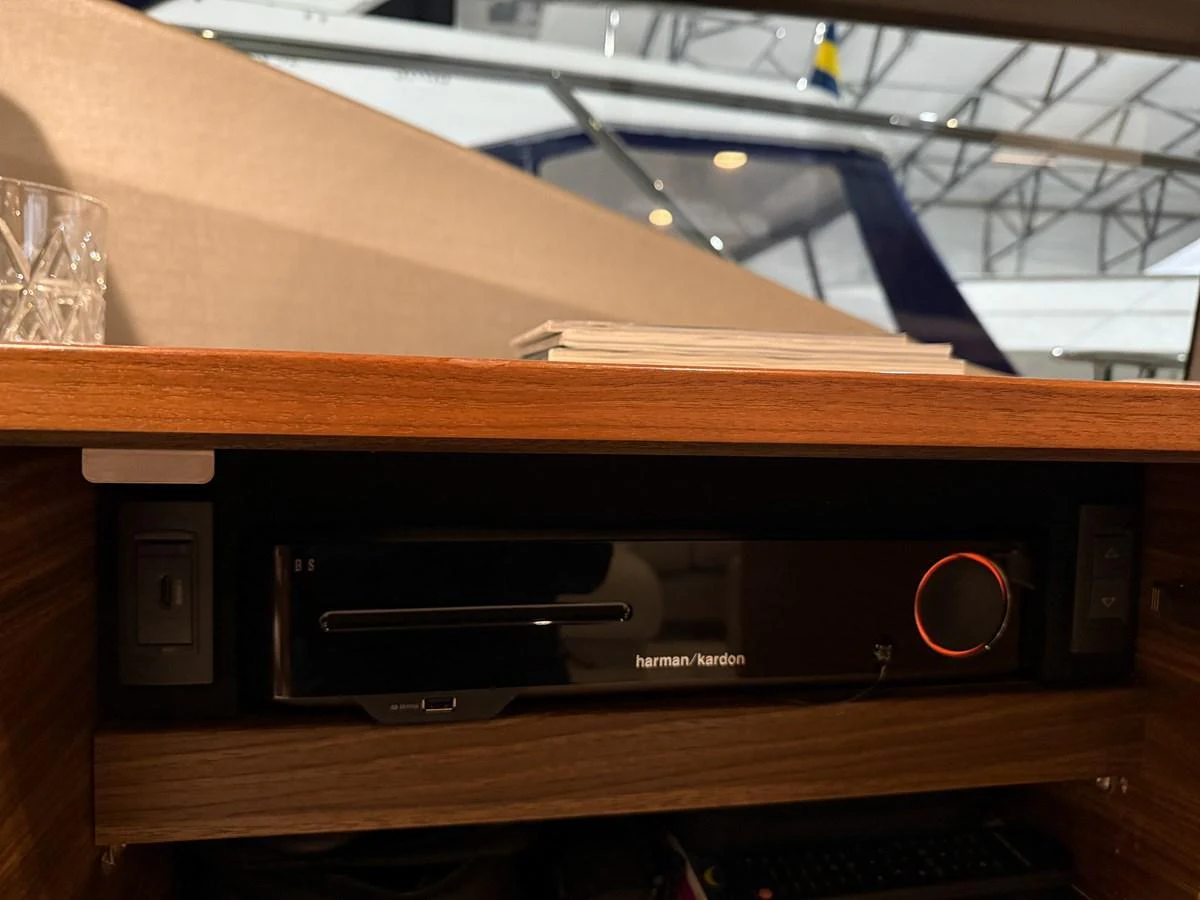 A close-up view of a Harman Kardon audio system installed on the yacht. aboard PRINCESS 70 Yacht for Sale