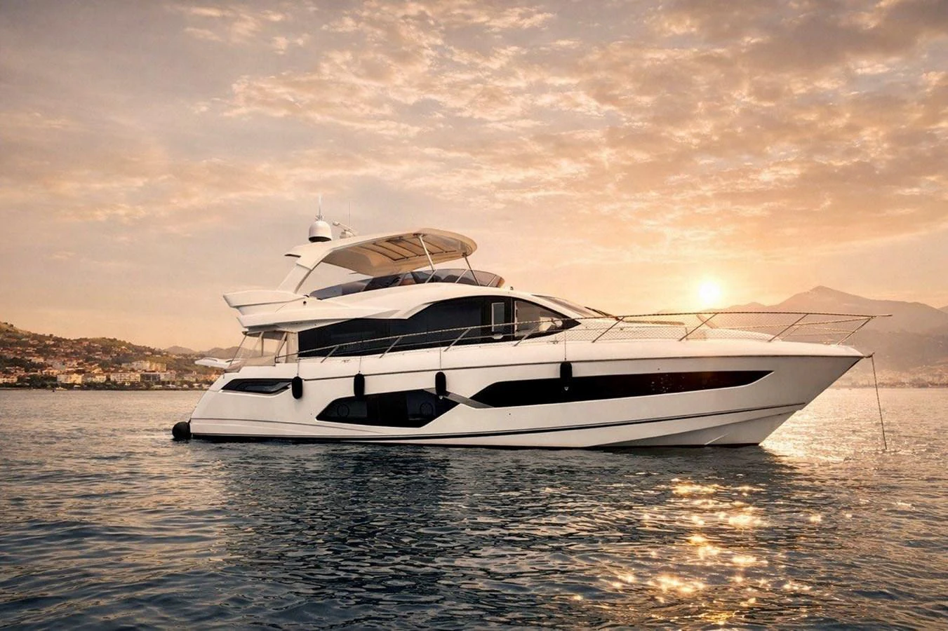 A sleek and modern yacht is gracefully anchored on calm waters with a stunning sunset in the background. aboard SUNSEEKER 66 MANHATTAN Yacht for Sale