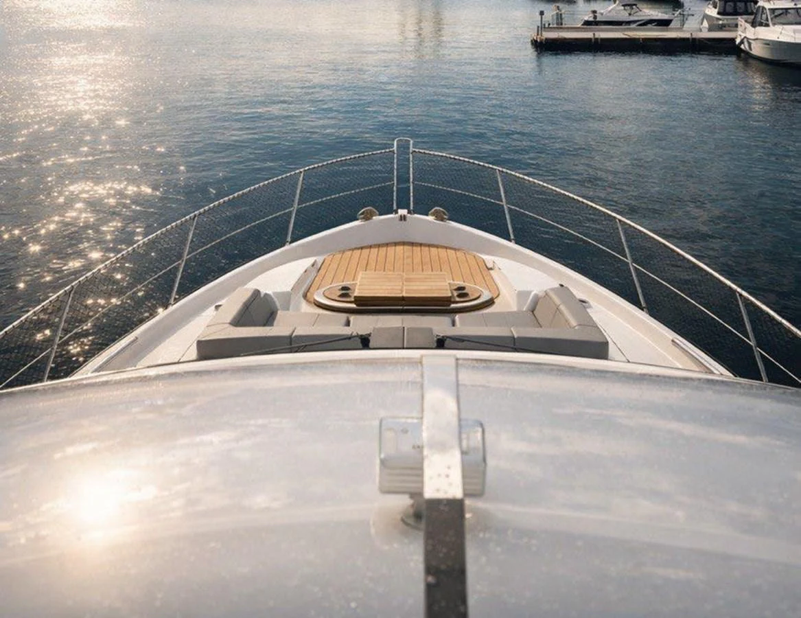 The yacht's bow features a spacious sunbathing area with comfortable cushions and a sleek design. aboard SUNSEEKER 66 MANHATTAN Yacht for Sale