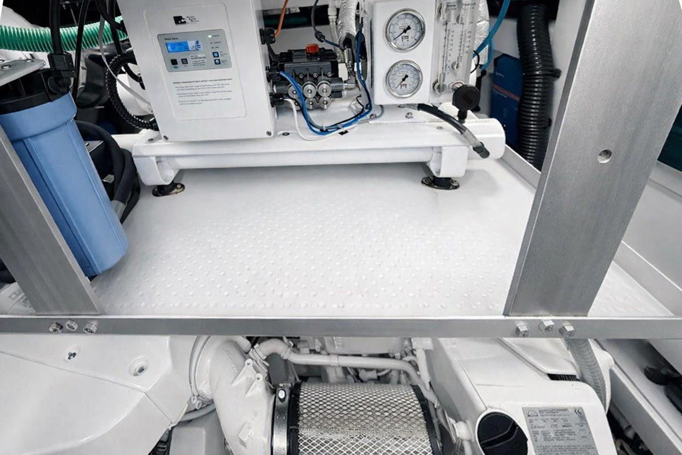 The image showcases the technical and mechanical components of the yacht's engine room. aboard SUNSEEKER 66 MANHATTAN Yacht for Sale