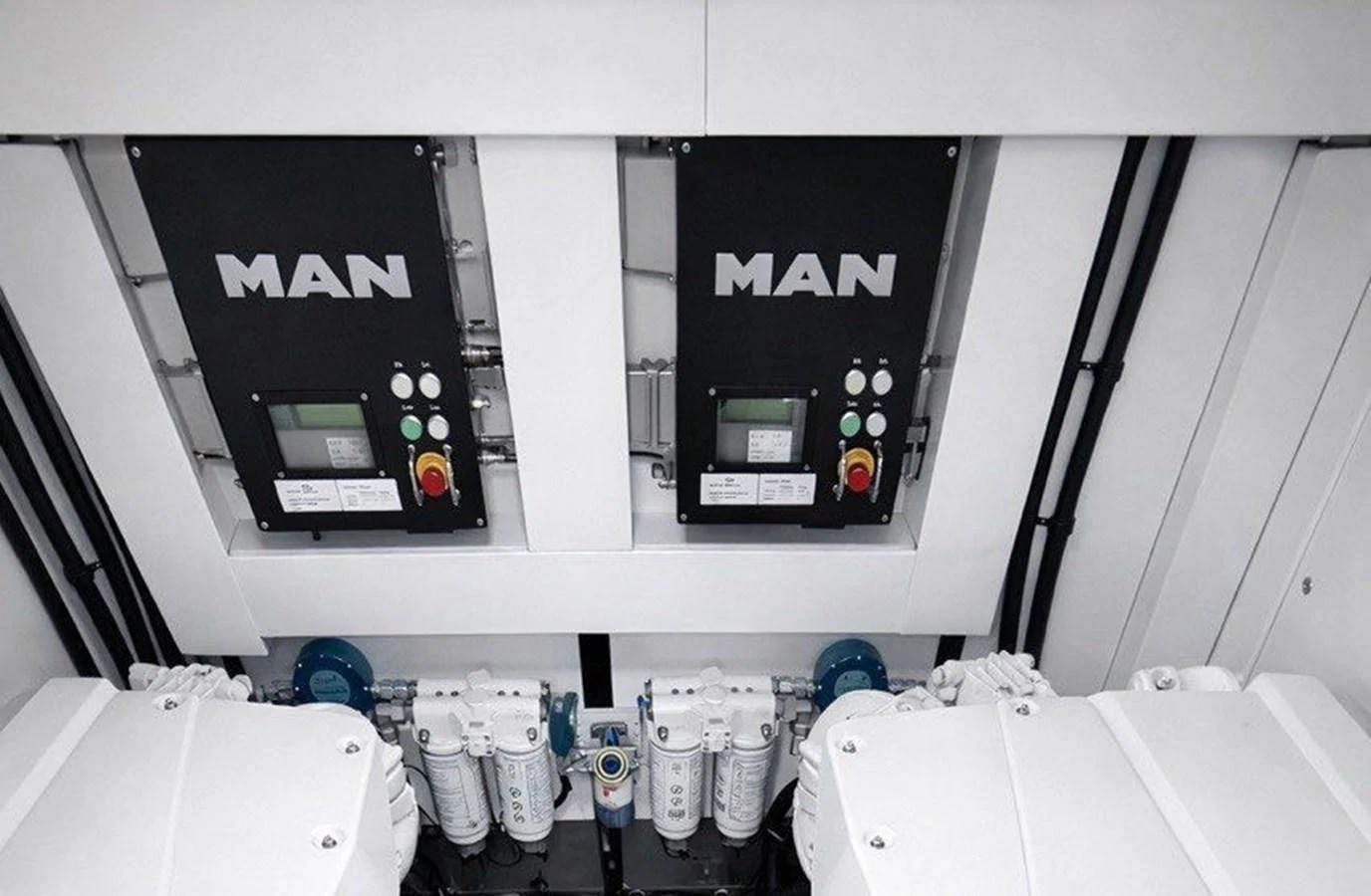 The image showcases the engine room with advanced machinery and control panels. aboard SUNSEEKER 66 MANHATTAN Yacht for Sale