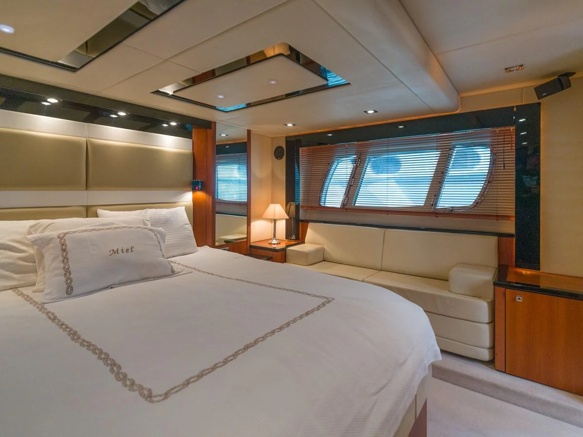 The master stateroom offers a luxurious and serene retreat with elegant furnishings and ample natural light. aboard M/Y MIEL Yacht for Sale