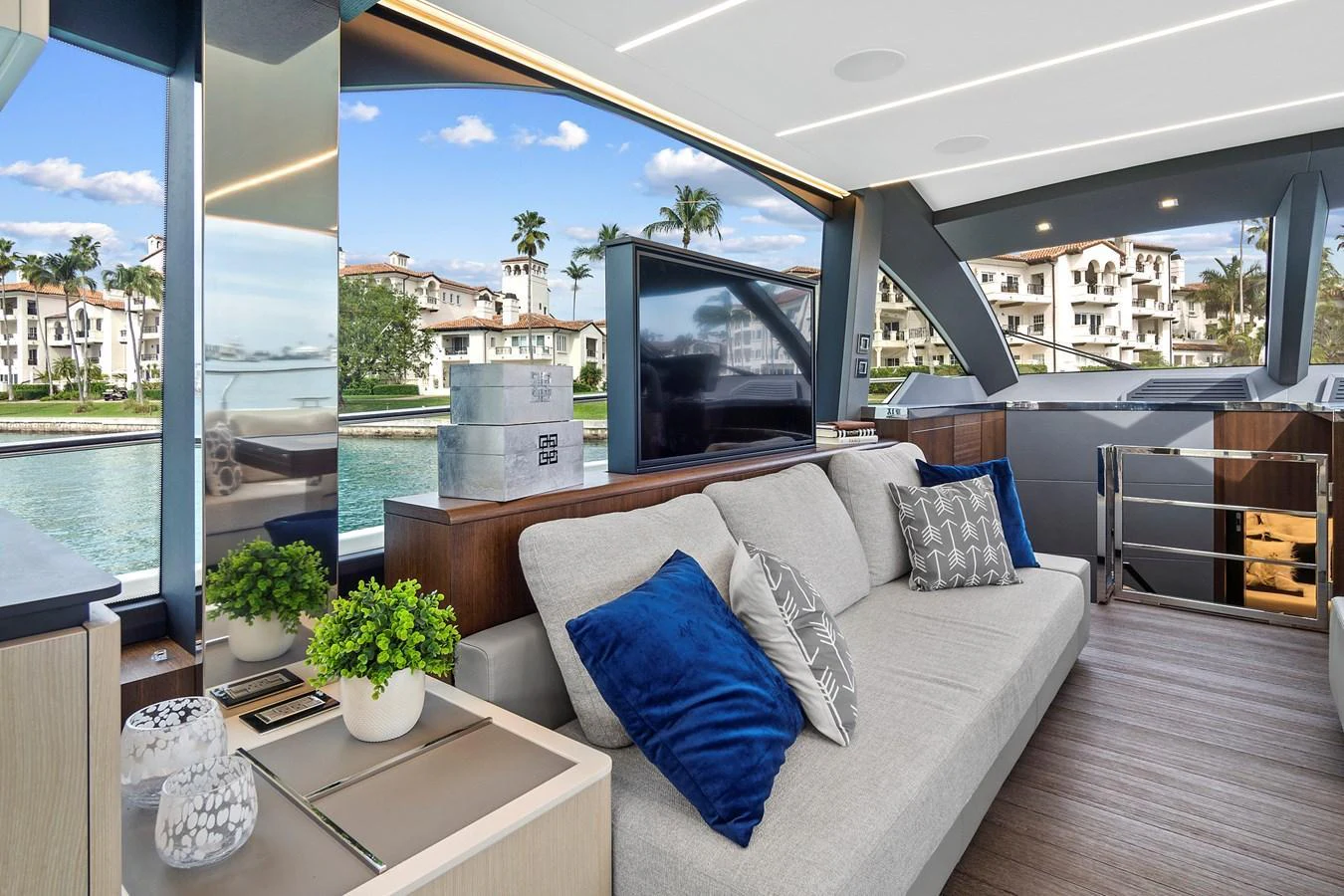 The salon offers a luxurious and comfortable space with modern furnishings and large windows providing stunning views. aboard JESSEA Yacht for Sale
