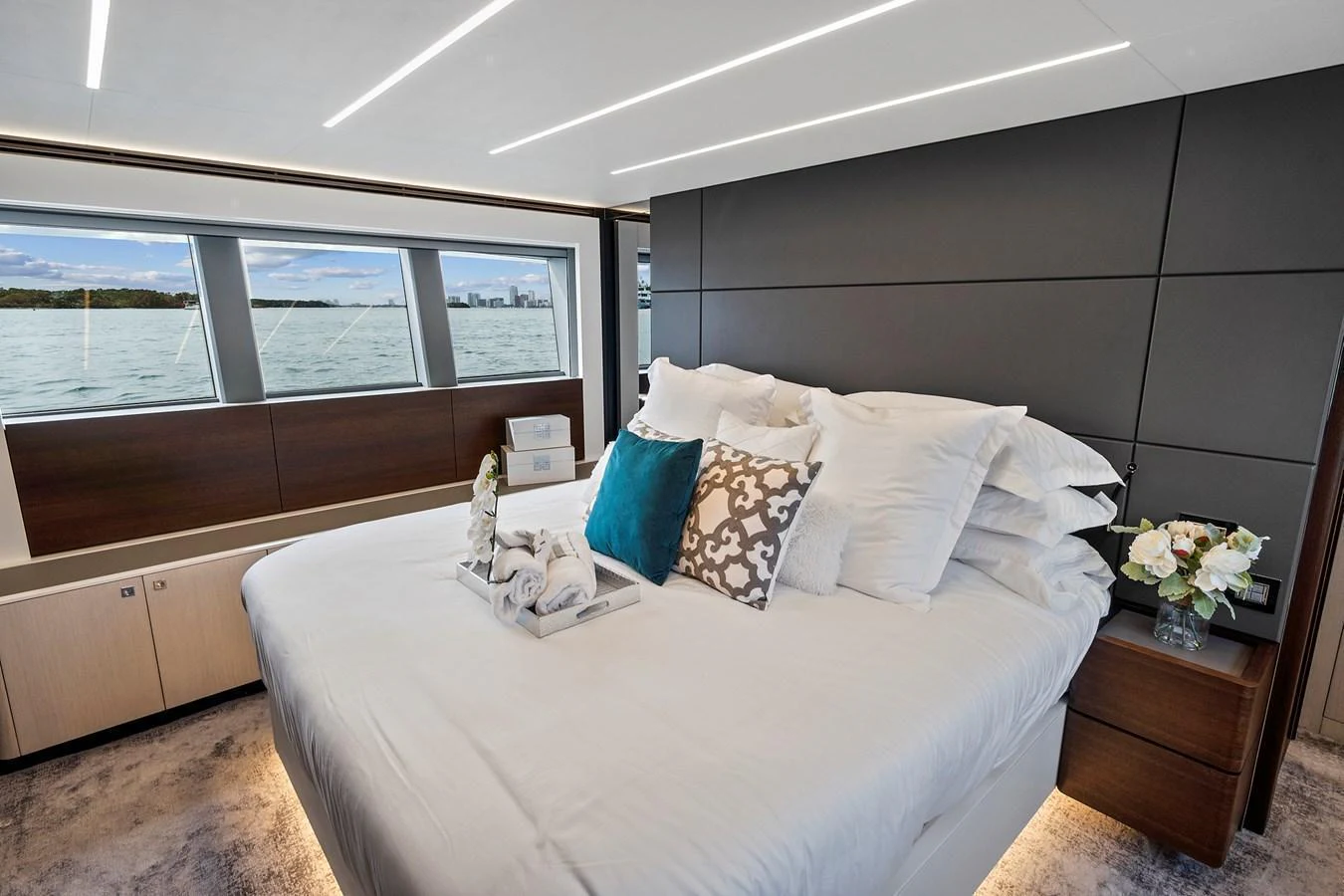 The master stateroom offers a luxurious and serene retreat with panoramic water views. aboard JESSEA Yacht for Sale