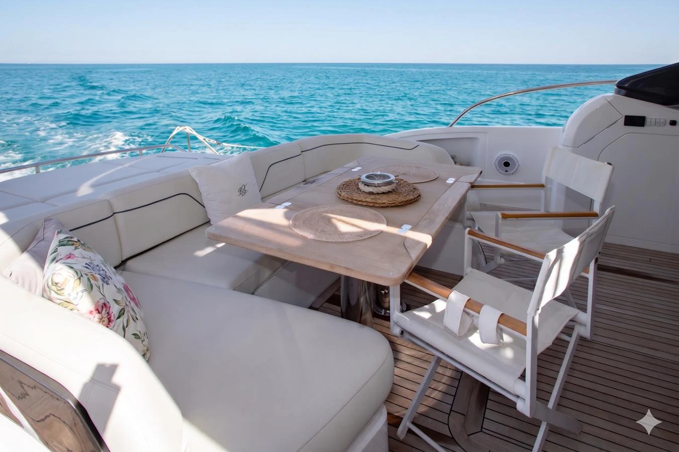 The aft deck features a cozy dining area with a stunning ocean view. aboard BK ONE Yacht for Sale