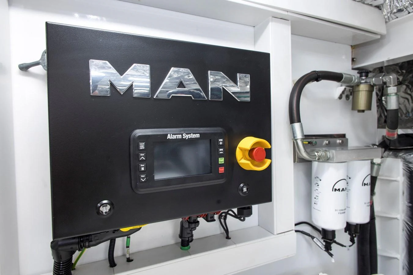 The image showcases a detailed view of the yacht's engine room with a focus on the alarm system and associated components. aboard BK ONE Yacht for Sale