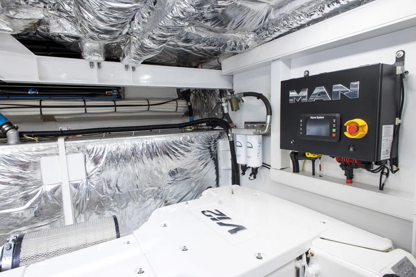The engine room showcases advanced machinery and a well-organized layout. aboard BK ONE Yacht for Sale