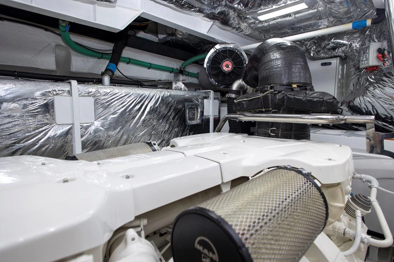 The image showcases the yacht's well-maintained engine room with advanced machinery. aboard BK ONE Yacht for Sale