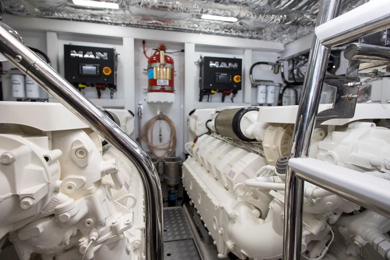 The engine room showcases powerful machinery and a well-organized layout. aboard BK ONE Yacht for Sale