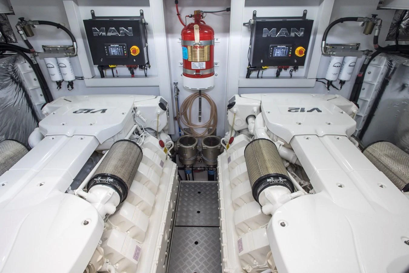 The engine room showcases powerful and meticulously maintained machinery. aboard BK ONE Yacht for Sale