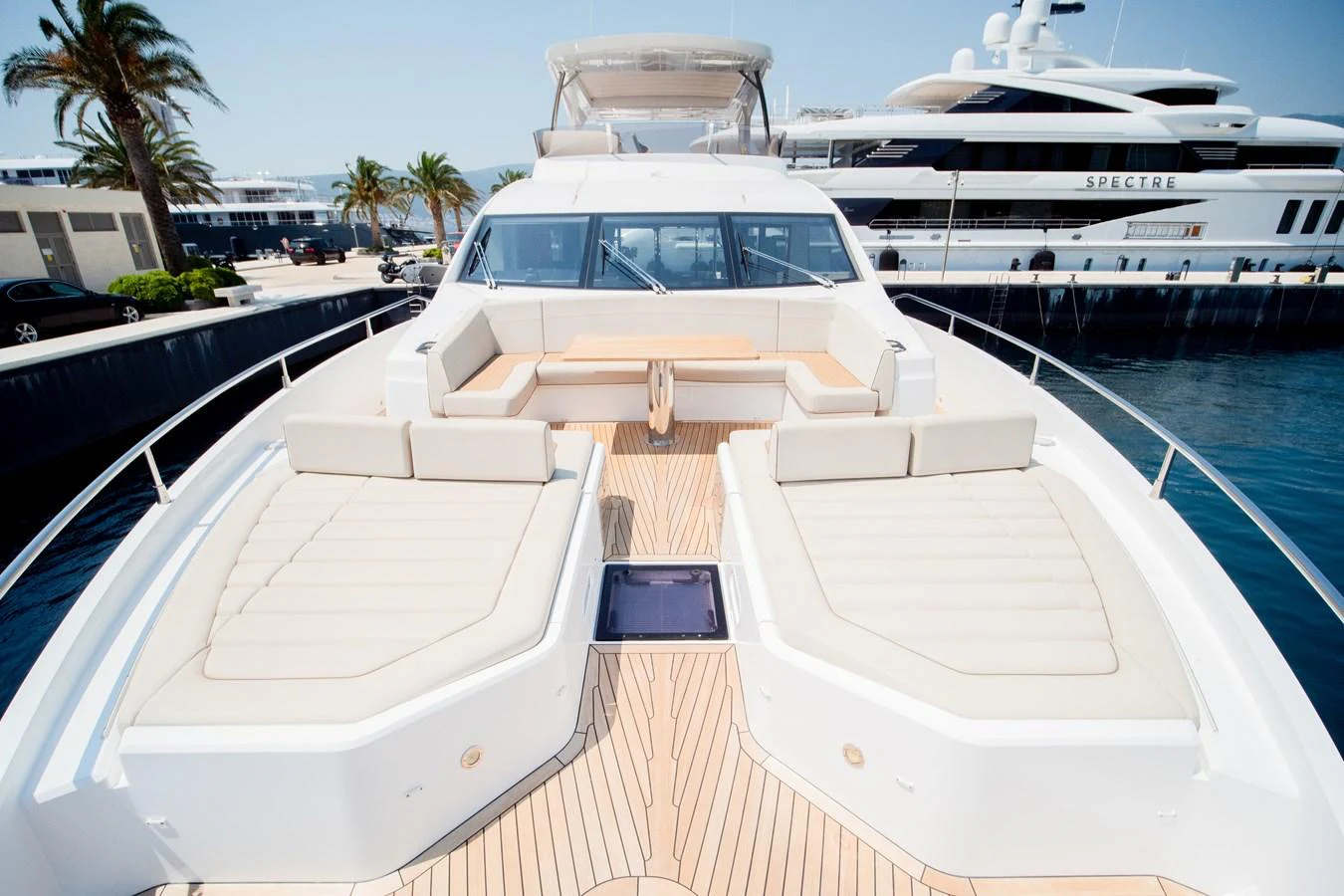 The foredeck features spacious sun pads and comfortable seating, perfect for relaxation and enjoying the view. aboard SUNSEEKER 76Y Yacht for Sale