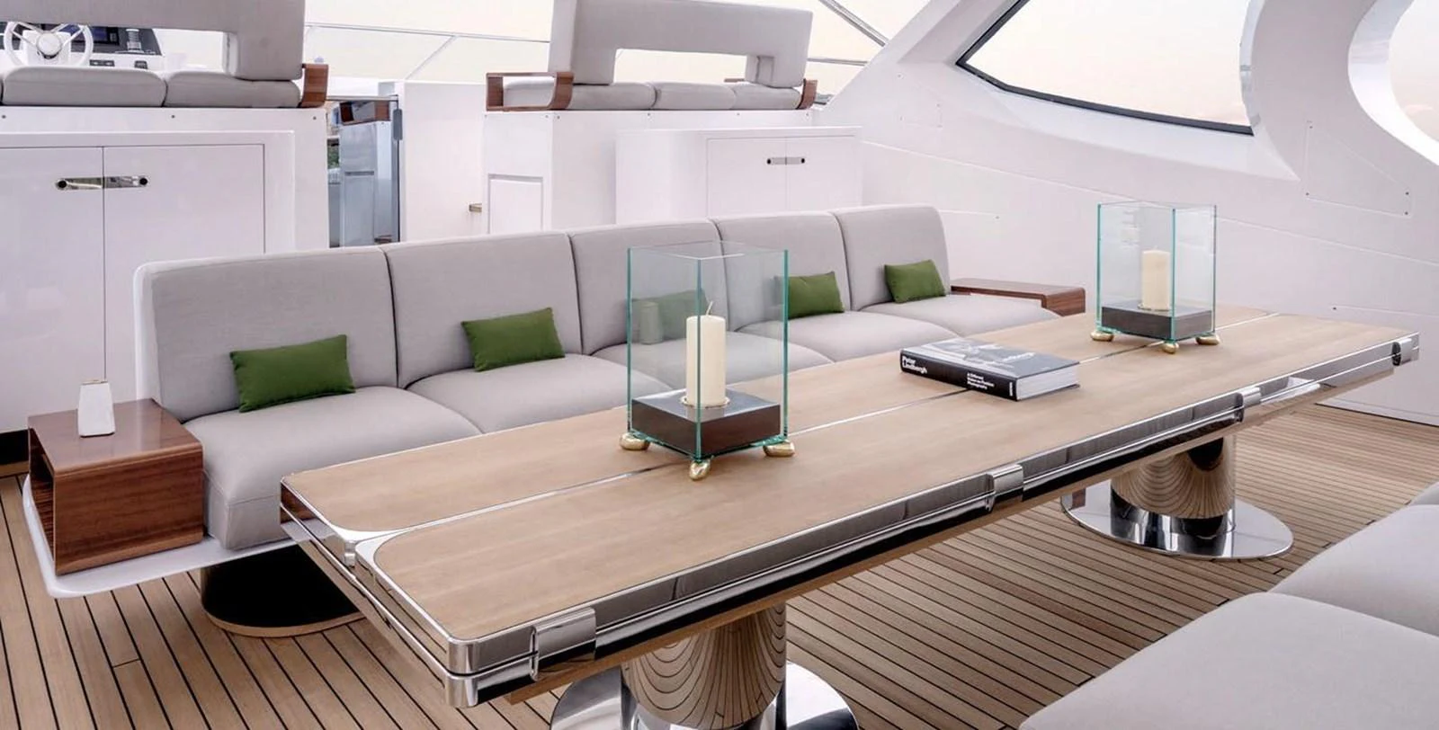 The salon features a sleek, modern design with comfortable seating and elegant decor. aboard PANTERA Yacht for Sale