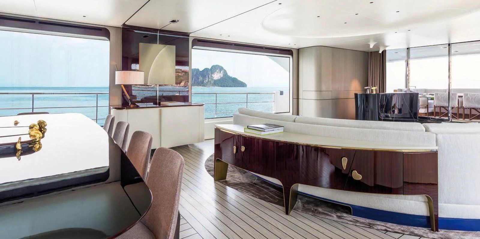 The salon offers a spacious and elegant area with panoramic views of the sea. aboard PANTERA Yacht for Sale