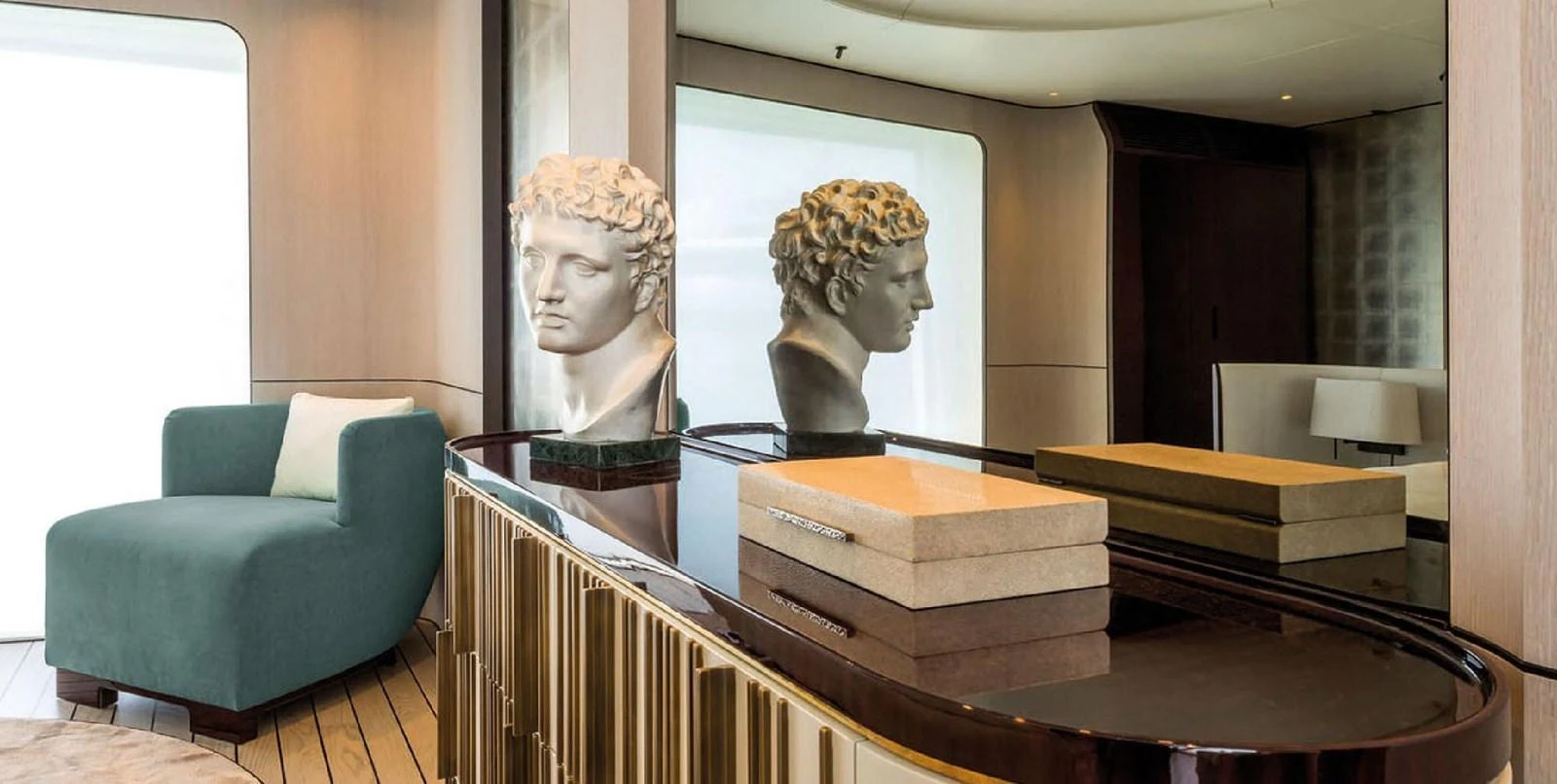 The yacht's interior features elegant decor with modern furnishings and artistic accents. aboard PANTERA Yacht for Sale