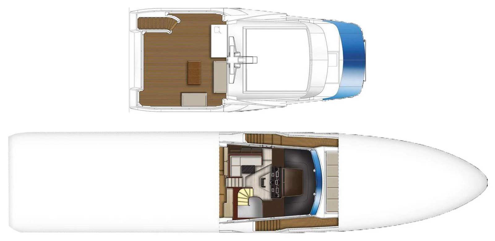 This image showcases the detailed deck plan of the yacht, highlighting both the upper and lower levels. aboard PANTERA Yacht for Sale