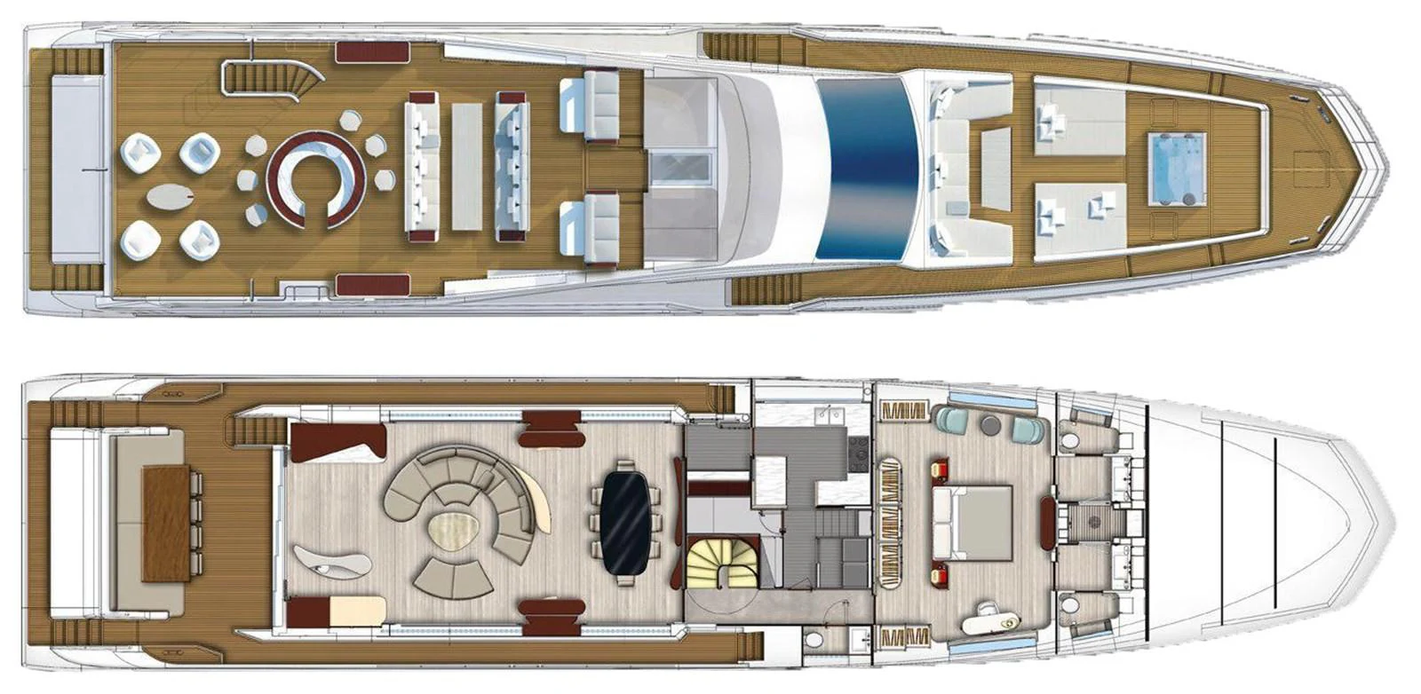 This image showcases the detailed floor plan of a luxurious yacht, highlighting various living and recreational spaces. aboard PANTERA Yacht for Sale