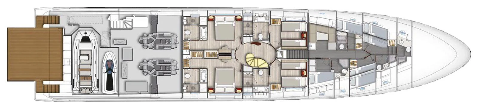 This image shows the detailed deck plan of a luxury yacht, highlighting various rooms and amenities. aboard PANTERA Yacht for Sale