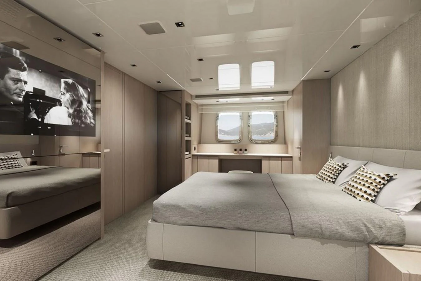 The master stateroom features a spacious bed, elegant decor, and ample natural light from large windows. aboard SANLORENZO SX 76 KYOMU Yacht for Sale