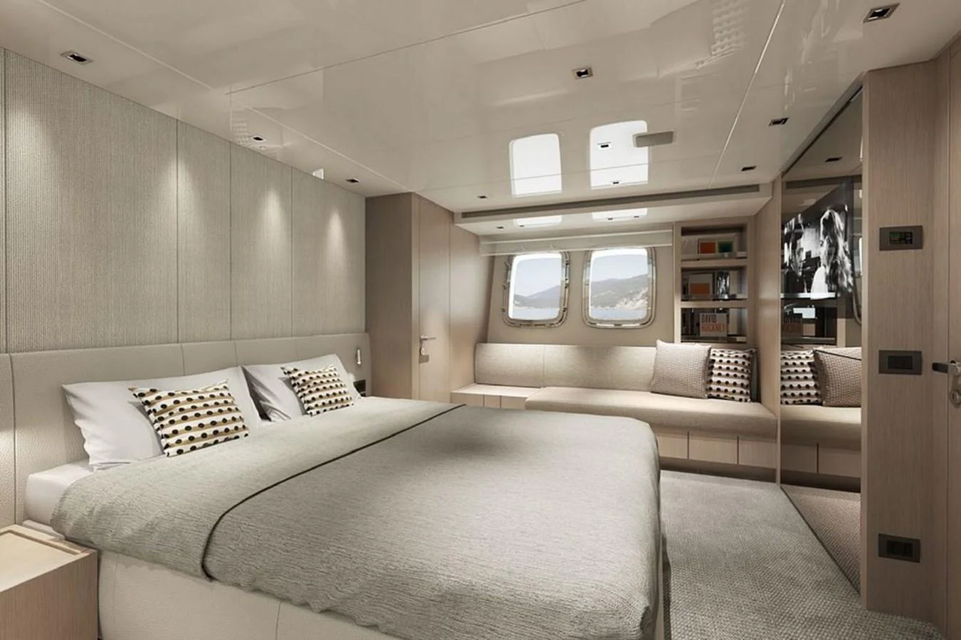 The master stateroom features a spacious bed, elegant decor, and ample natural light. aboard SANLORENZO SX 76 KYOMU Yacht for Sale