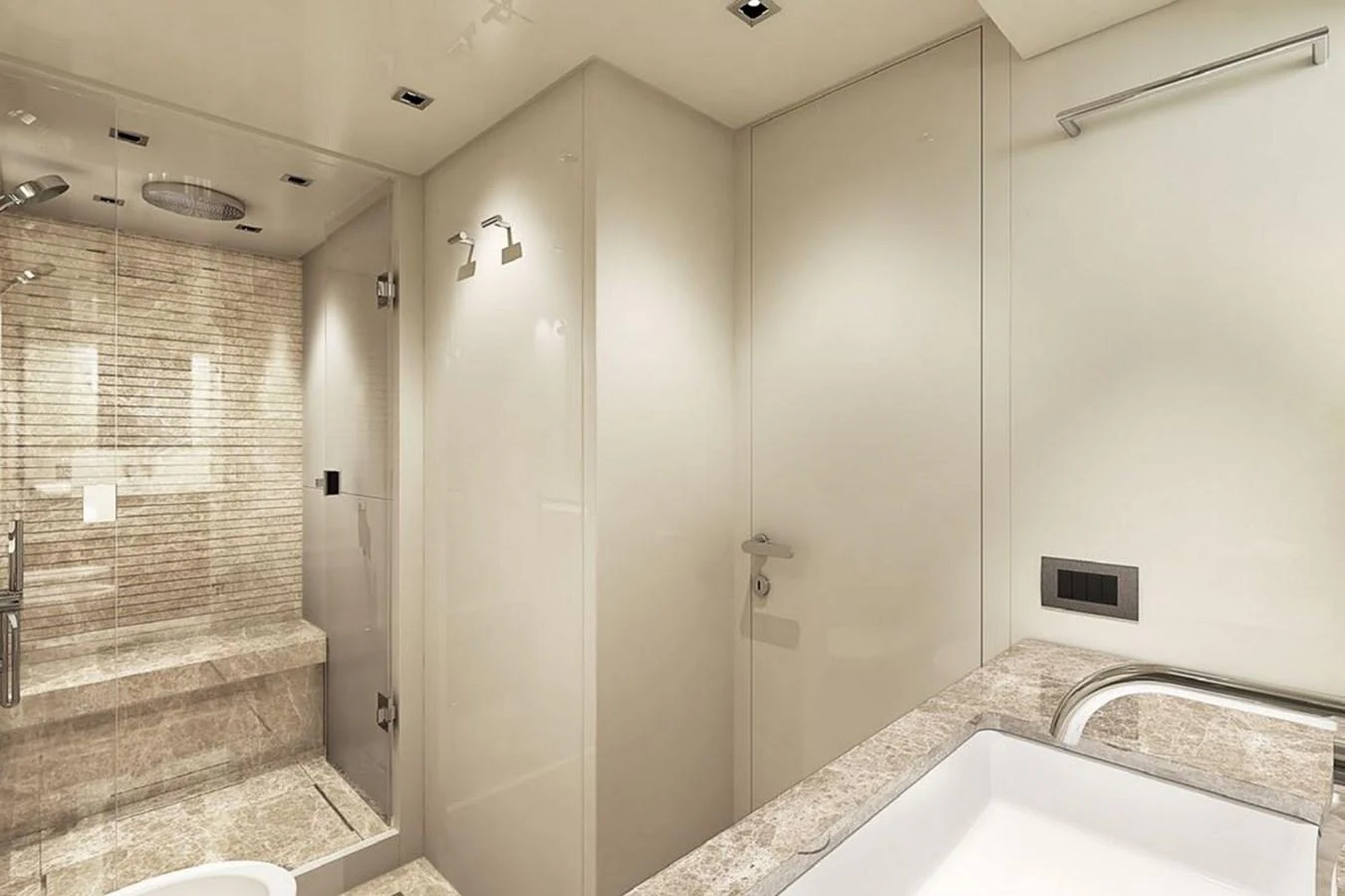 The yacht's bathroom features a modern design with a spacious shower and elegant fixtures. aboard SANLORENZO SX 76 KYOMU Yacht for Sale