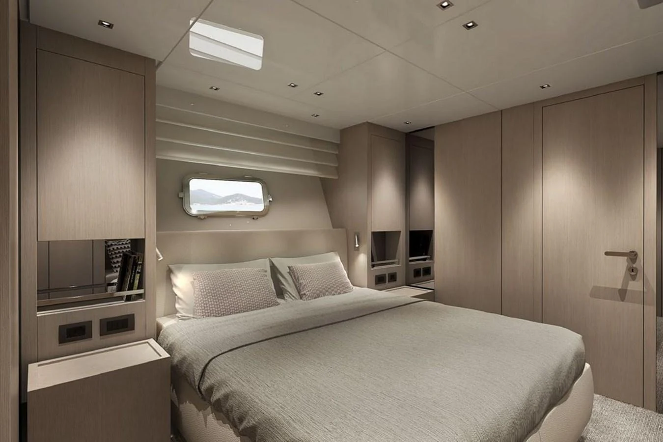 The stateroom features a luxurious bed with elegant wood finishes and ample natural light. aboard SANLORENZO SX 76 KYOMU Yacht for Sale