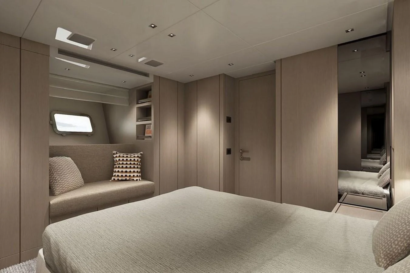 A luxurious stateroom featuring a comfortable bed, a cozy seating area, and ample storage space. aboard SANLORENZO SX 76 KYOMU Yacht for Sale