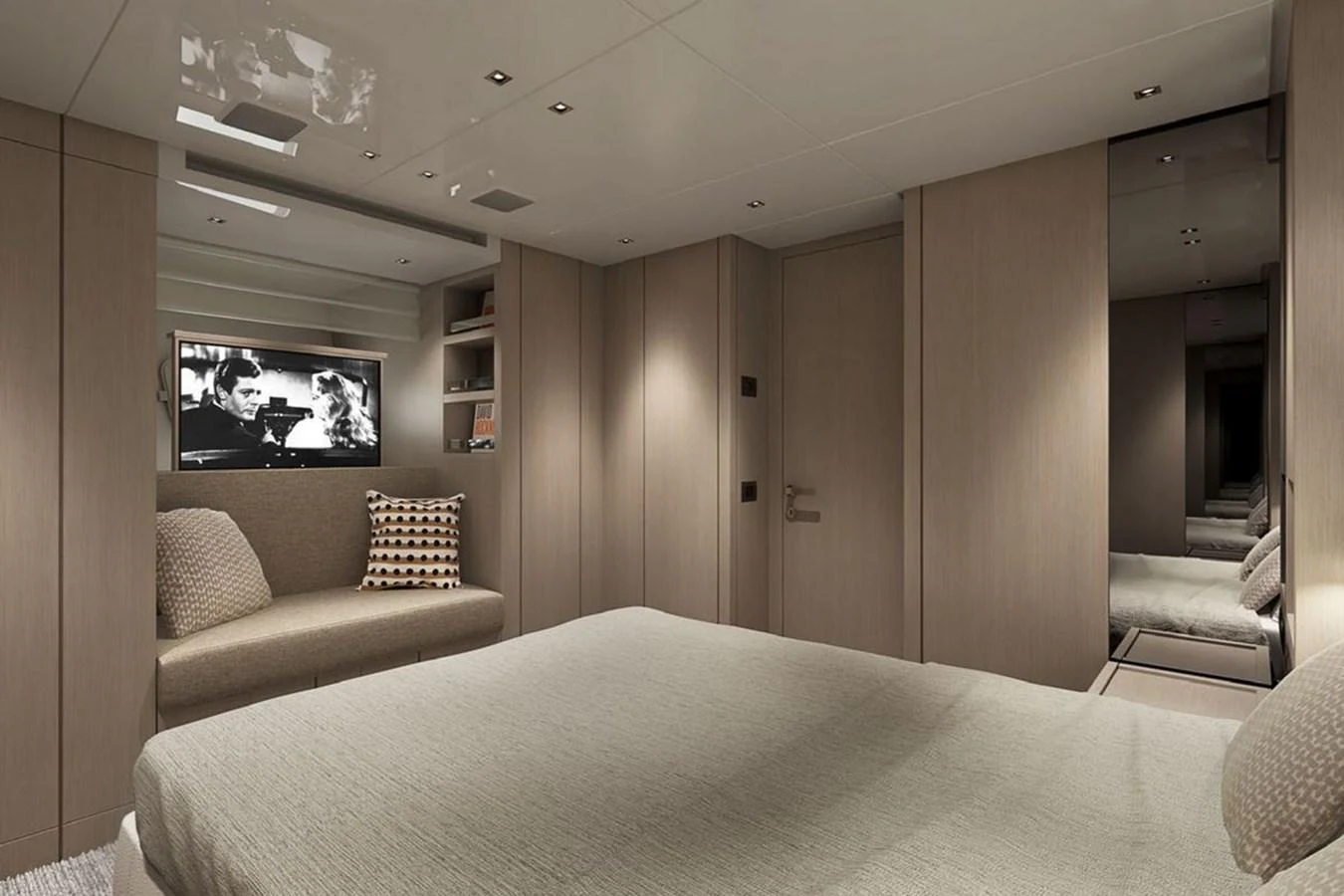 This elegant stateroom features a cozy seating area and a large bed, creating a serene retreat. aboard SANLORENZO SX 76 KYOMU Yacht for Sale