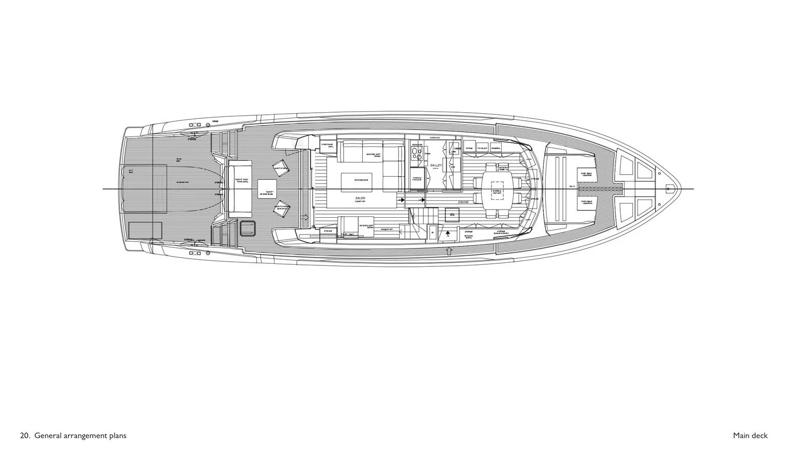 This is a detailed layout plan of the yacht's main deck, showcasing various sections and amenities. aboard SANLORENZO SX 76 KYOMU Yacht for Sale