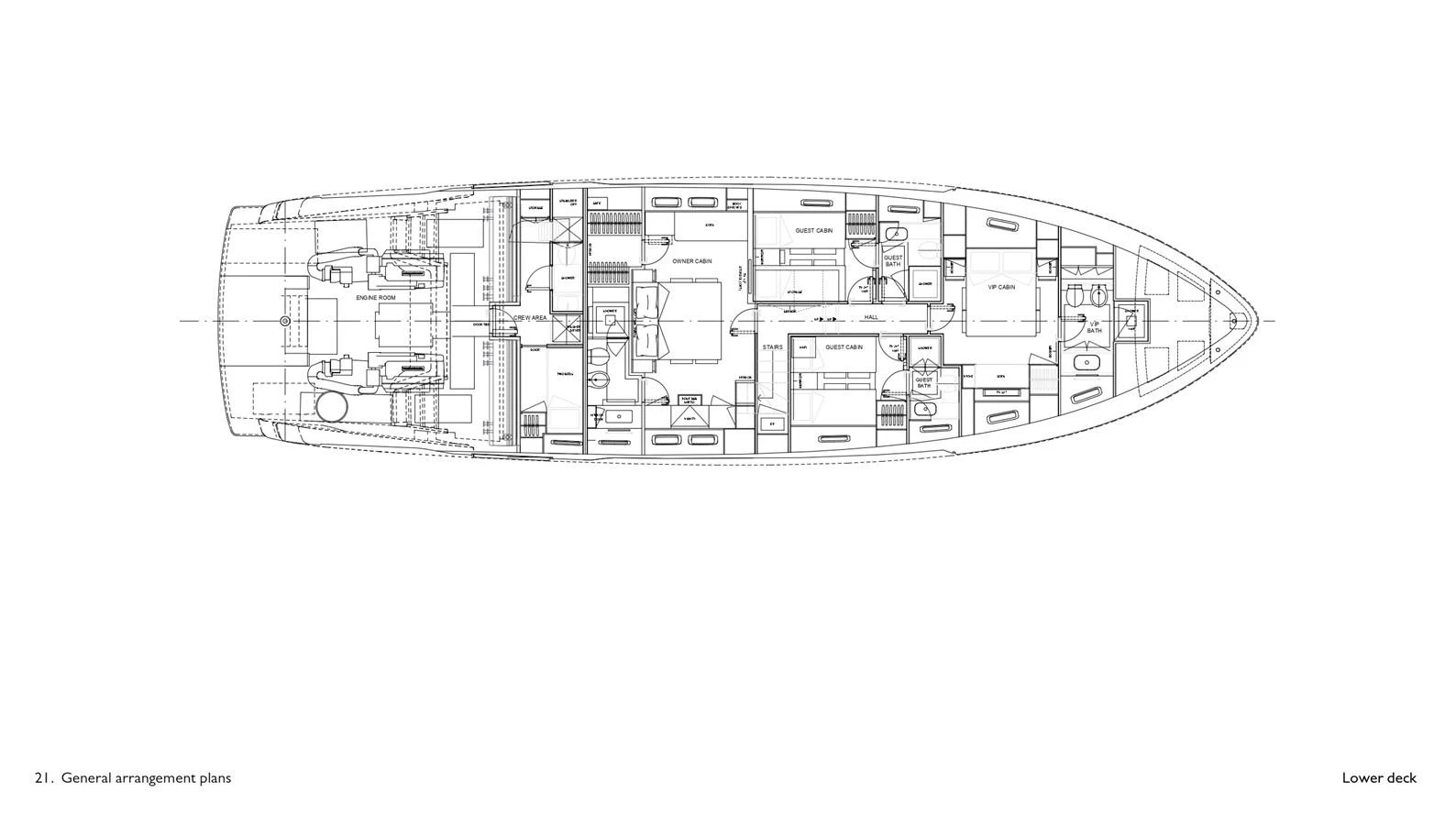 This image shows the general arrangement plan of the yacht's lower deck. aboard SANLORENZO SX 76 KYOMU Yacht for Sale