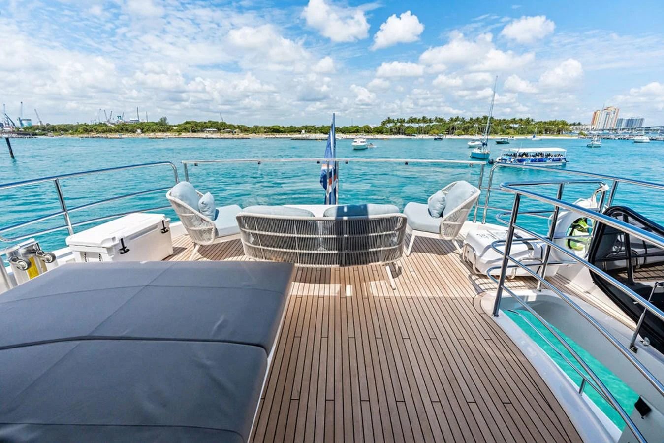 The aft deck offers a spacious and inviting area for relaxation with stunning views of the surrounding waters. aboard DOLCE FAR NIENTE Yacht for Sale