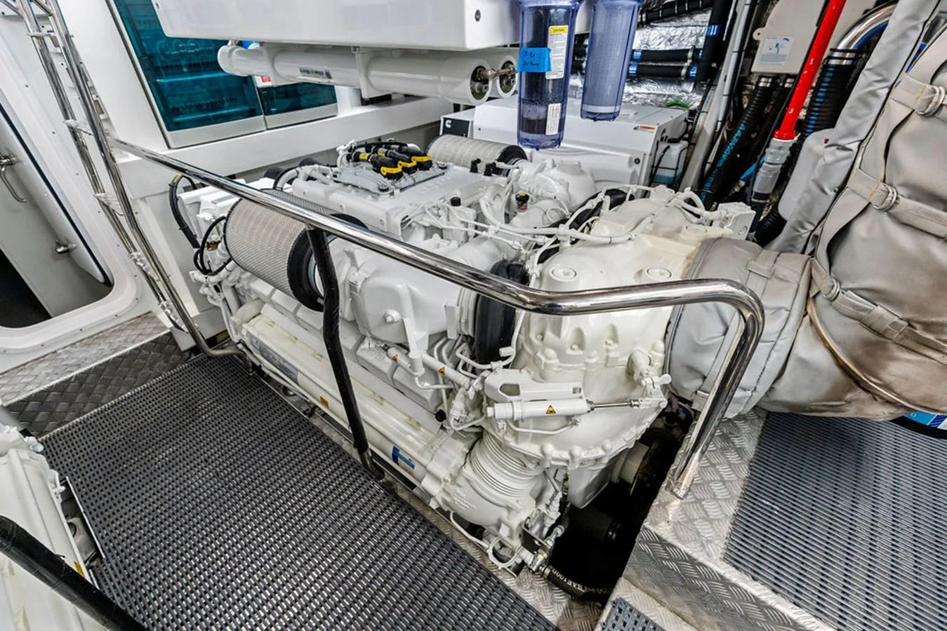 The image showcases the well-maintained engine room of the yacht, highlighting its powerful machinery. aboard DOLCE FAR NIENTE Yacht for Sale