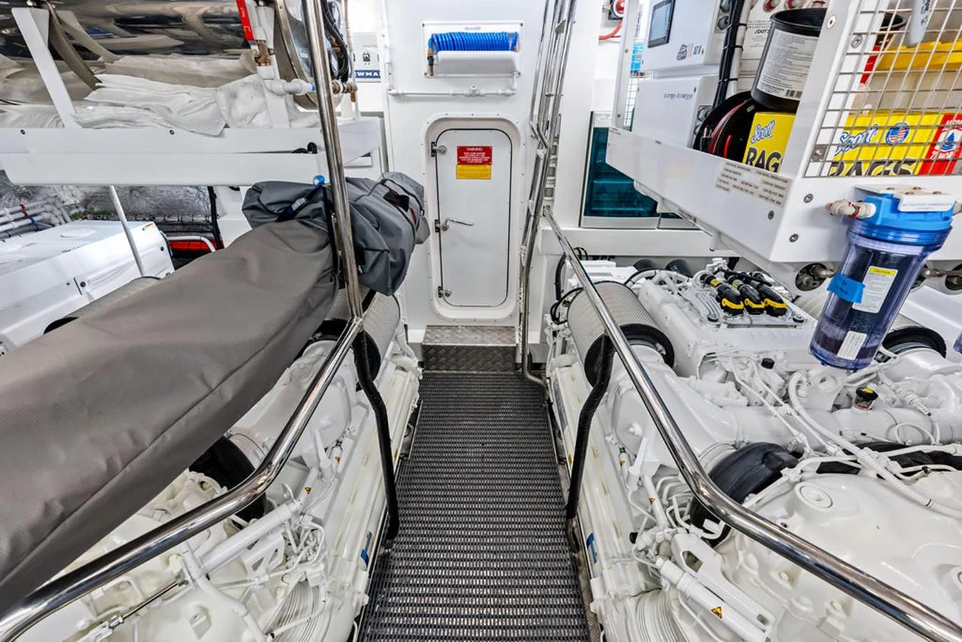 The image showcases the well-maintained engine room of the yacht, highlighting its mechanical components and organized layout. aboard DOLCE FAR NIENTE Yacht for Sale
