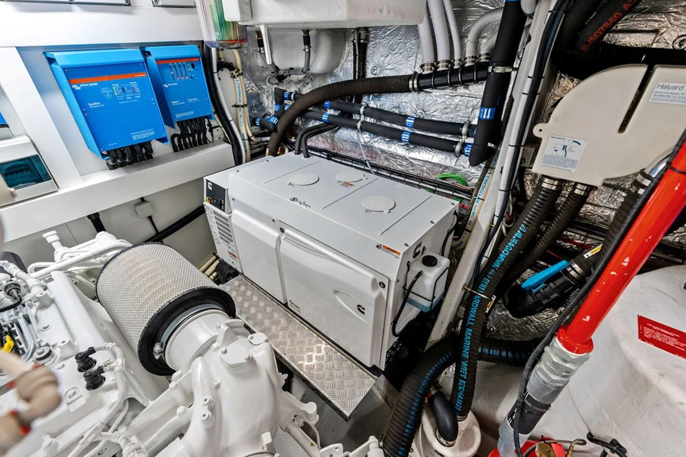 The image showcases the well-organized and high-tech engine room of the yacht. aboard DOLCE FAR NIENTE Yacht for Sale