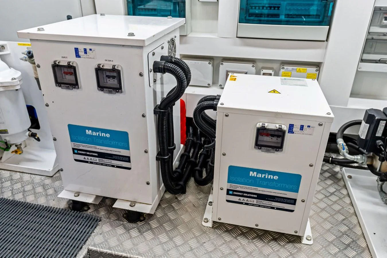 The image showcases marine isolation transformers in the yacht's technical area. aboard DOLCE FAR NIENTE Yacht for Sale