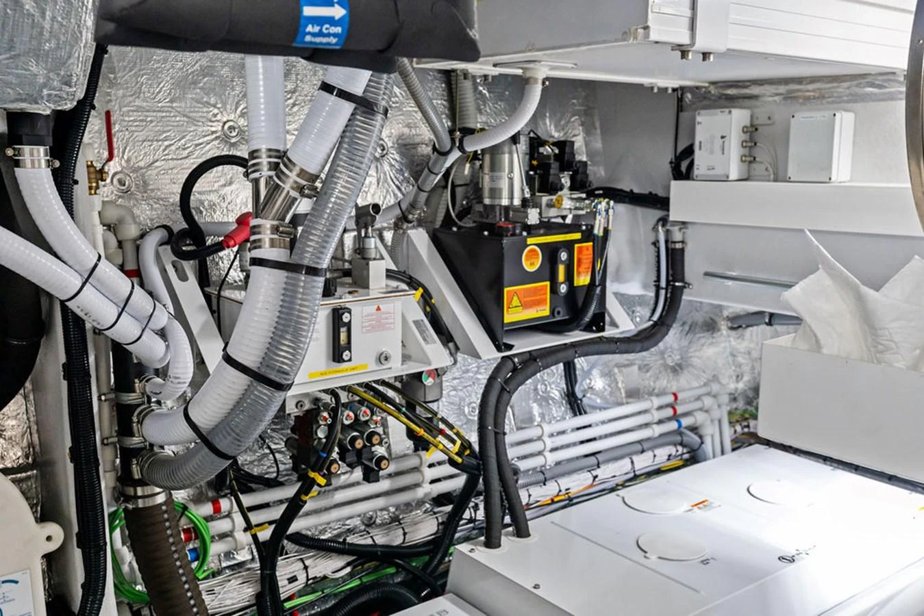 The image showcases the intricate and well-organized engine room of the yacht. aboard DOLCE FAR NIENTE Yacht for Sale