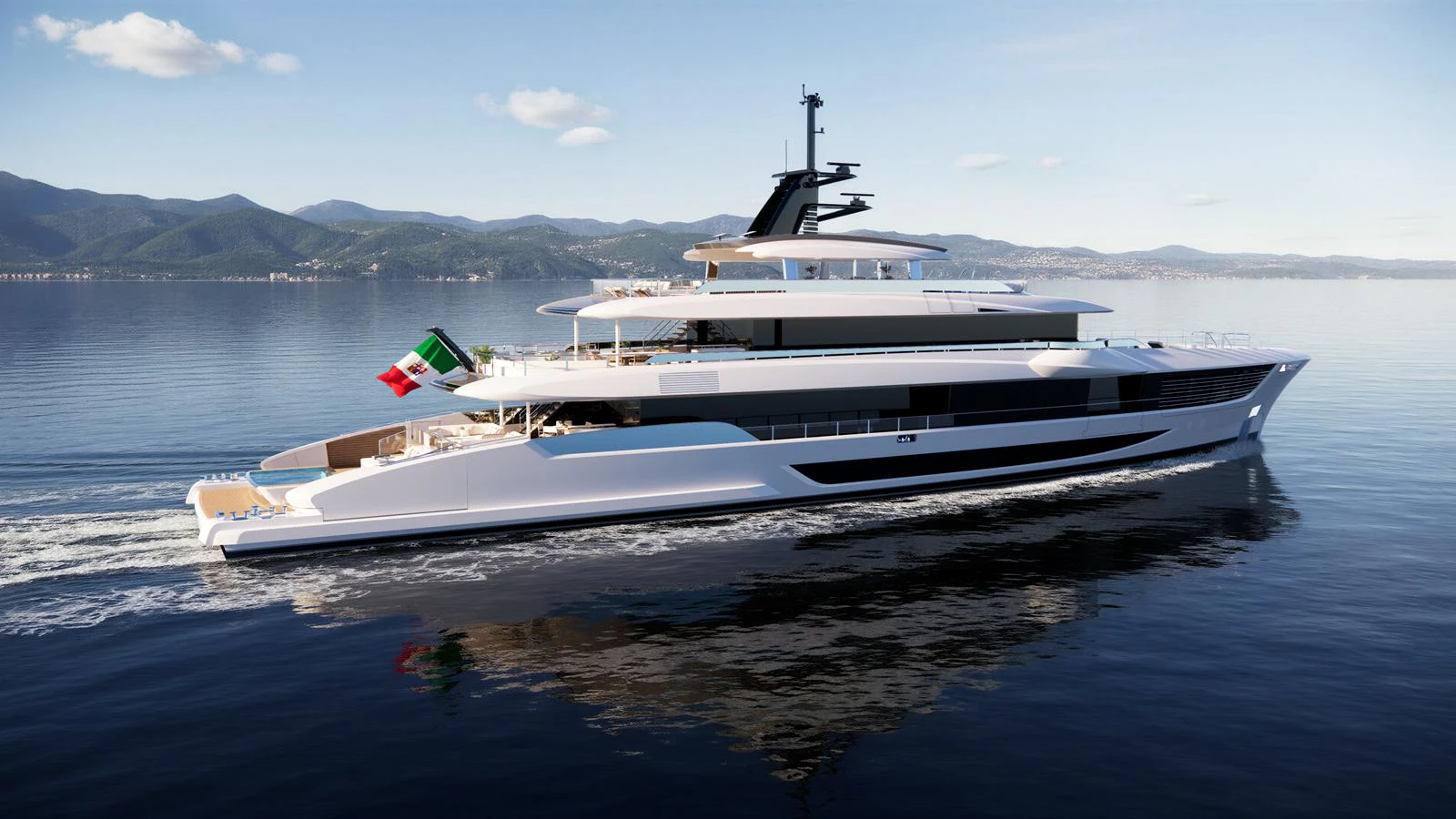 A sleek and modern yacht glides gracefully on calm waters with a scenic mountainous backdrop. aboard NUVOLARI LENARD 52 PLUS Yacht for Sale