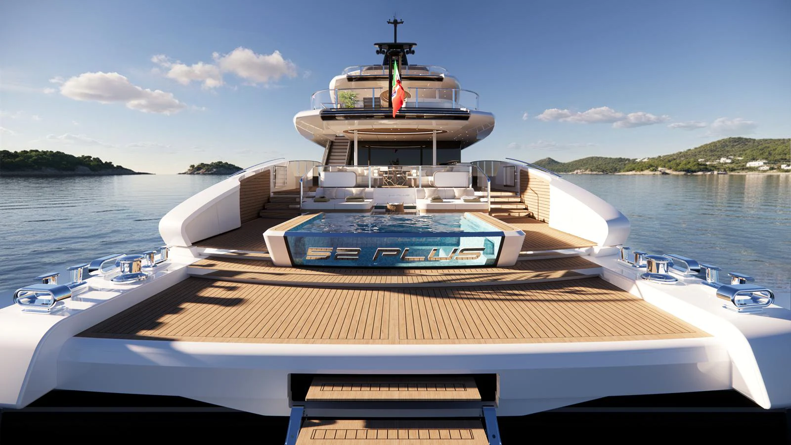 The yacht's aft deck features a luxurious pool and expansive lounging area with stunning views of the surrounding waters. aboard NUVOLARI LENARD 52 PLUS Yacht for Sale