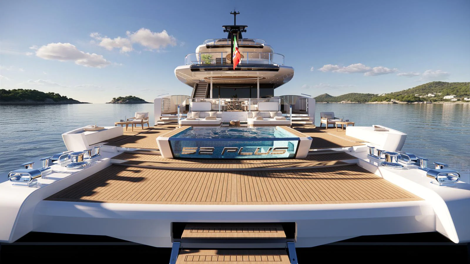 The yacht's expansive aft deck features a luxurious pool and ample lounging space, perfect for relaxation and entertainment. aboard NUVOLARI LENARD 52 PLUS Yacht for Sale