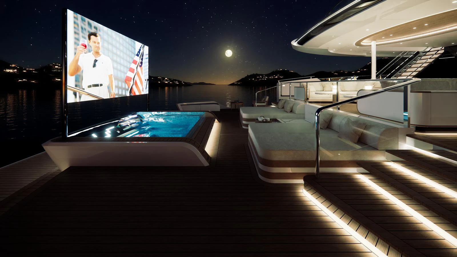 The aft deck features a luxurious outdoor cinema and a sleek, illuminated lounging area under the night sky. aboard NUVOLARI LENARD 52 PLUS Yacht for Sale