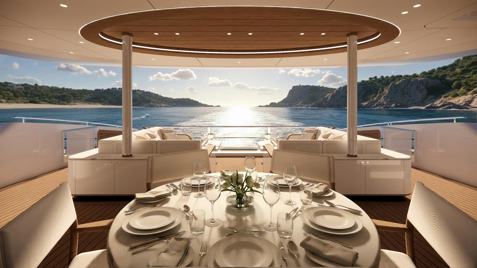 The aft deck offers a stunning dining area with a panoramic view of the sea. aboard NUVOLARI LENARD 52 PLUS Yacht for Sale
