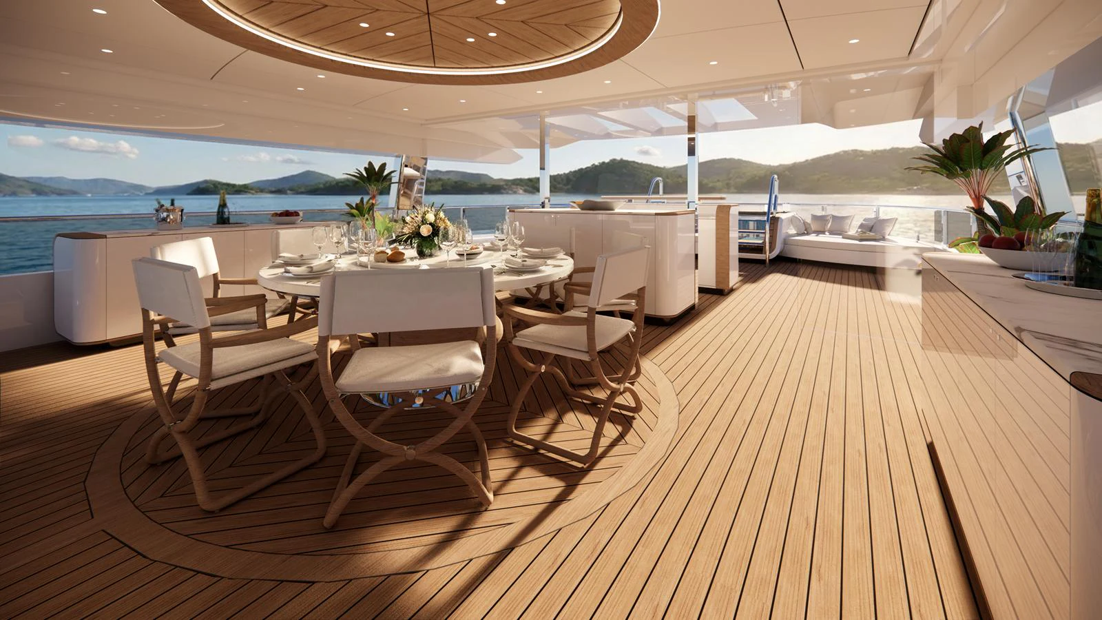 The aft deck features an elegant dining area with panoramic views of the surrounding waters. aboard NUVOLARI LENARD 52 PLUS Yacht for Sale