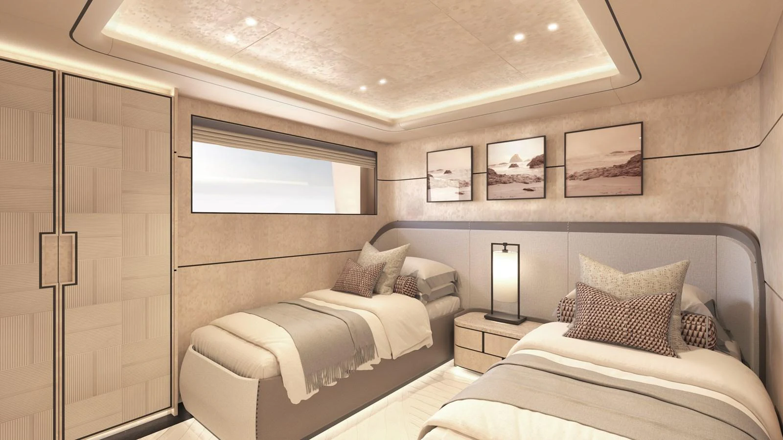 The guest stateroom features twin beds, elegant decor, and soft lighting for a serene retreat. aboard NUVOLARI LENARD 52 PLUS Yacht for Sale