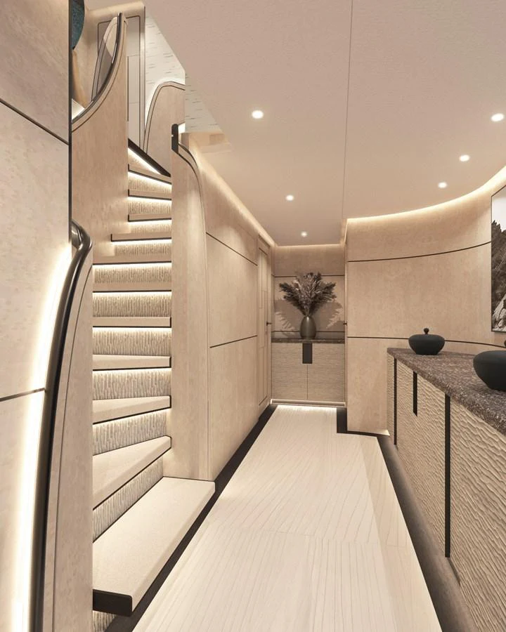 A luxurious interior hallway with elegant lighting and a modern staircase. aboard NUVOLARI LENARD 52 PLUS Yacht for Sale