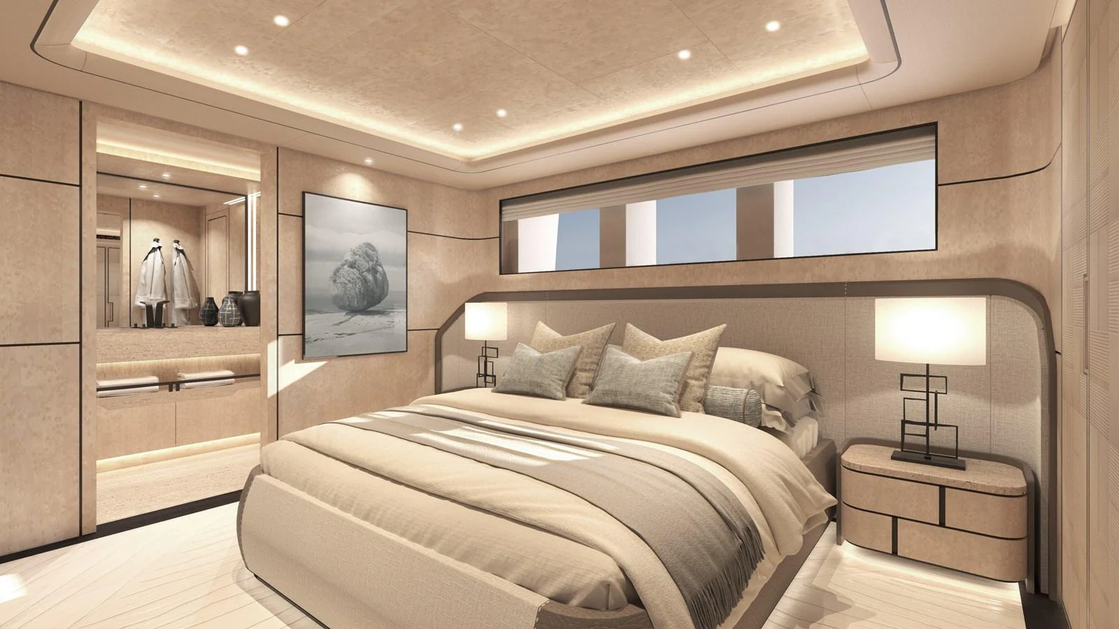 The master stateroom exudes luxury with its spacious layout and elegant decor. aboard NUVOLARI LENARD 52 PLUS Yacht for Sale