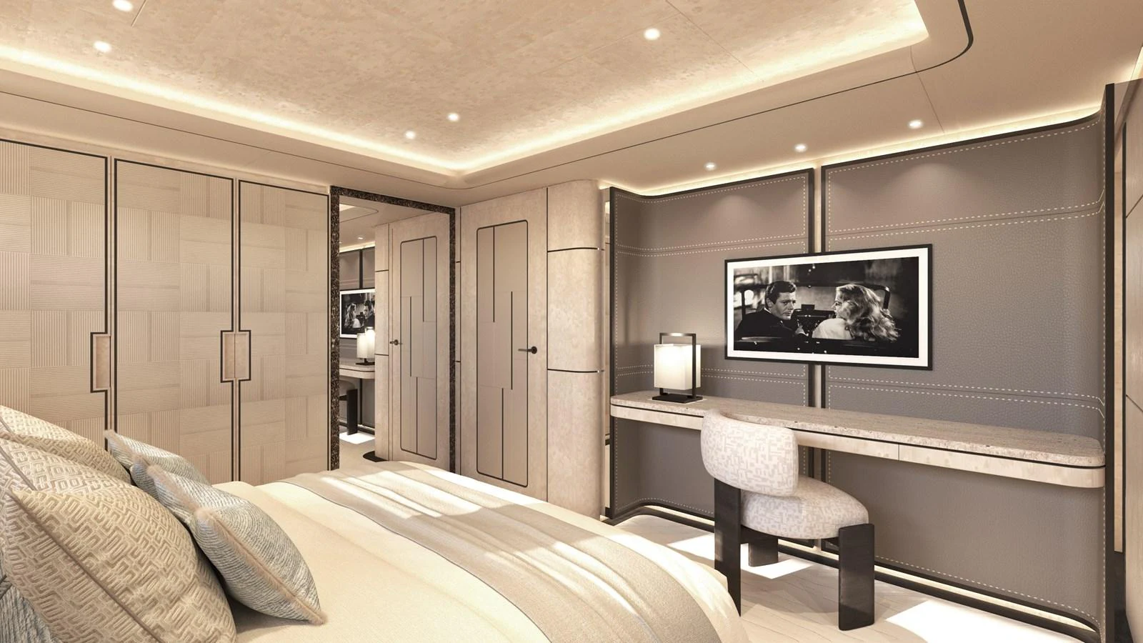 The stateroom features elegant decor with a comfortable bed and a stylish desk area. aboard NUVOLARI LENARD 52 PLUS Yacht for Sale